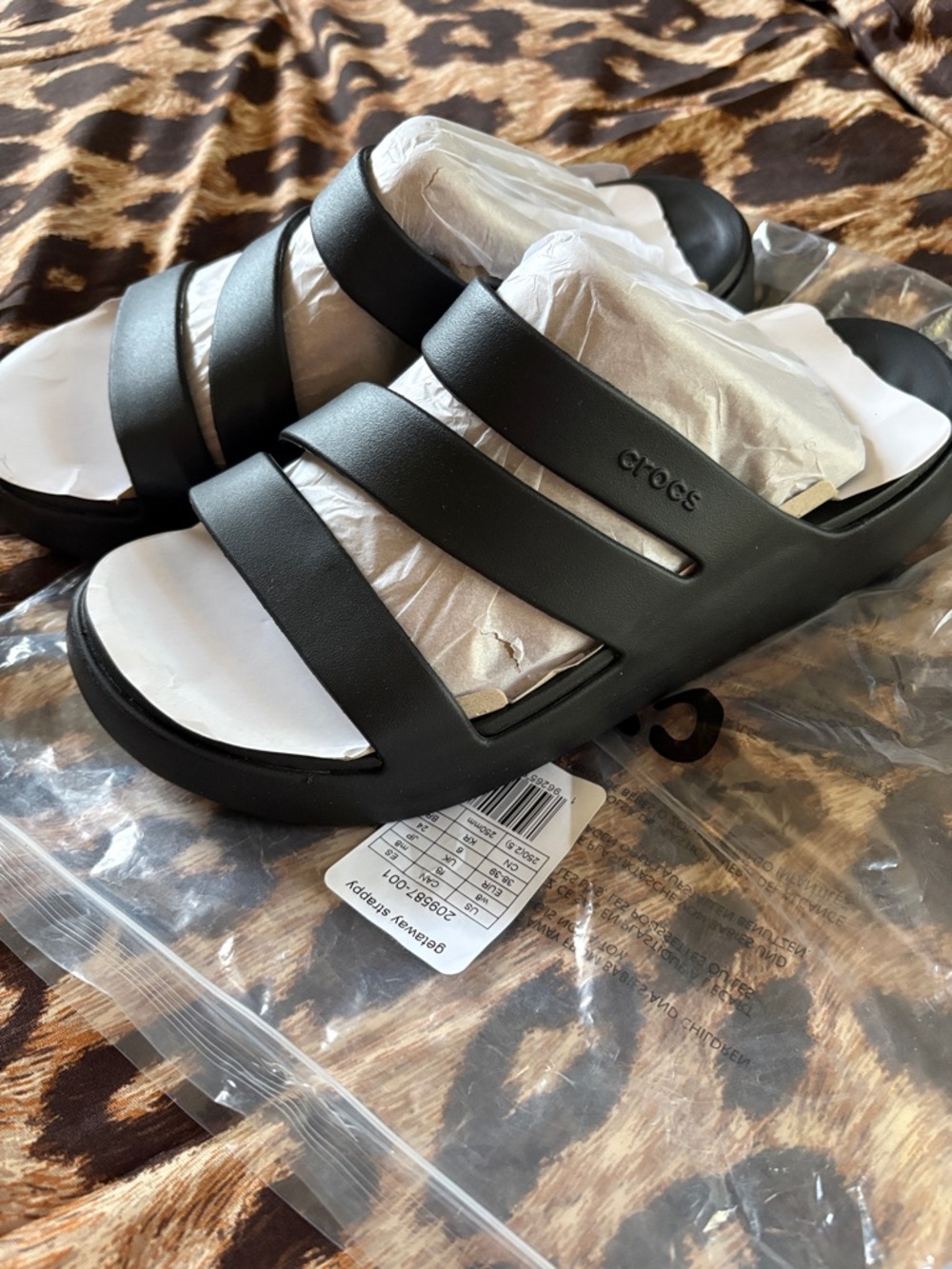 CROCS Black Upper with White Footbed Triple-Strap Slide